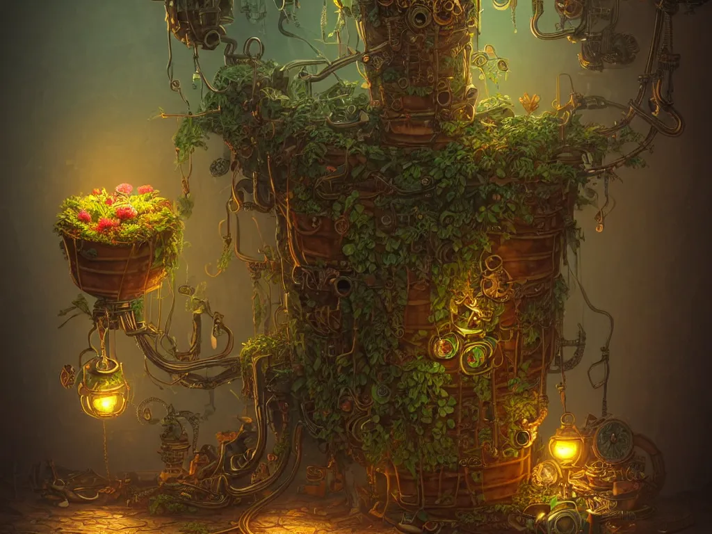 Image similar to an angry plant pot cushion. steampunk, intricate, elegant, fantasy, highly detailed, digital painting, concept art, sharp focus, illustration, beautiful lighting, epic light, artstation, colorful, dramatic