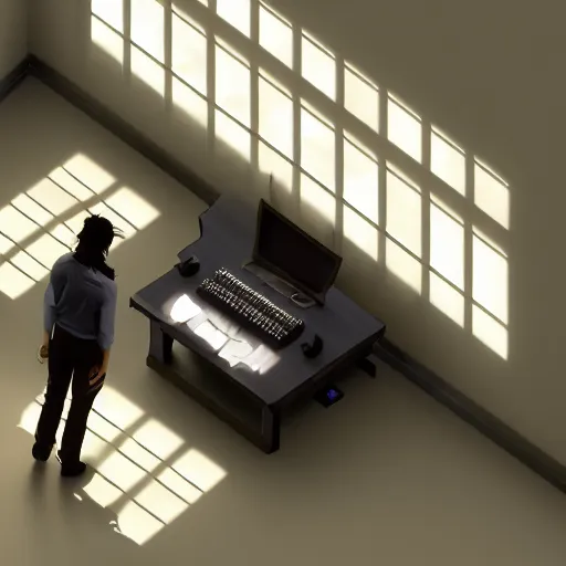 Image similar to cinema 4D cinematic render, ultra detailed, of a person inside a jail cell sitting with a desk and CRT monitor, 4K concept art, detailed, dark setting, cinematic lighting, light shining through the jail cell, casting shadows, trending on art station, old computer monitor, stressful, working, hyper realistic, ultra detailed, unreal engine, 8K post production