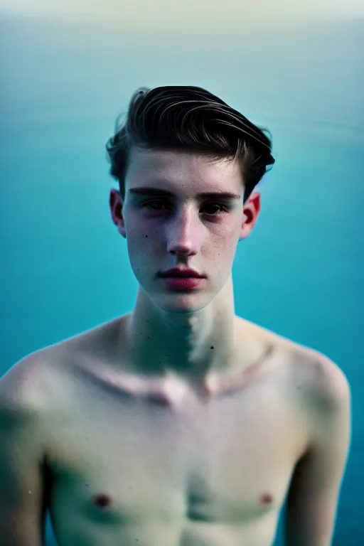 Image similar to high quality pastel coloured film mid angle docu photograph of a beautiful young 2 0 year old male, soft features, short black hair, swimming in an icelandic black rock pool environment. atmospheric. three point light. photographic. art directed. ( pastel colours ). volumetric light. clearcoat. waves glitch. 8 k. filmic.
