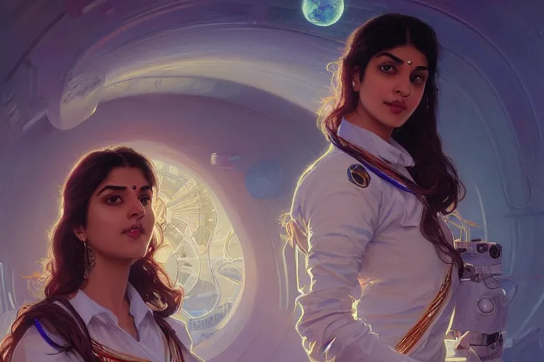 Image similar to Sensual good looking pale young Indian doctors wearing jeans in a space station above Earth, portrait, elegant, intricate, digital painting, artstation, concept art, smooth, sharp focus, illustration, art by artgerm and greg rutkowski and alphonse mucha