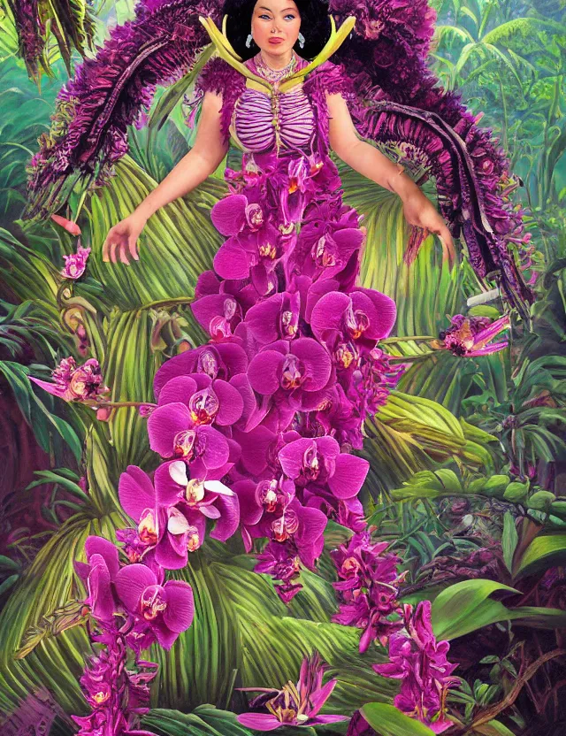 Prompt: plump aztec scifi queen of the orchid rainforest, wearing a lovely dress. this oil painting by the award - winning children's book author has an interesting color scheme, plenty of details and impeccable lighting.