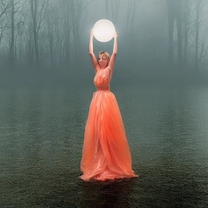 Prompt: a closeup portrait of a woman wrapped in plastic, standing next to a levitating luminescent orb, in a foggy lake, color photograph, by vincent desiderio, canon eos c 3 0 0, ƒ 1. 8, 3 5 mm, 8 k, medium - format print