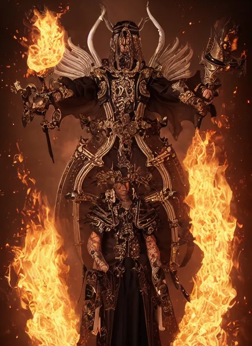 Image similar to high intricate male priest with white baroque armor and black garment fighting a fire demon, maria panfilova, andrea savchenko, mike kime, ludovic plouffe, qi sheng luo, oliver cook, trending on artstation