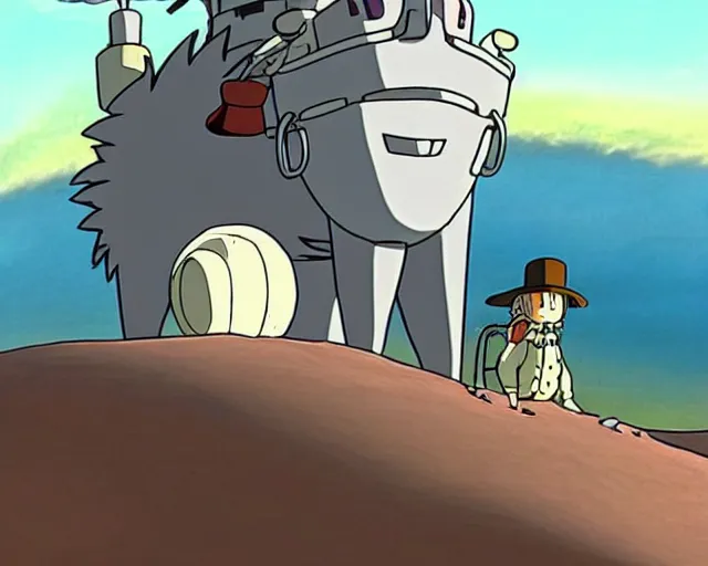 Image similar to a cell shaded cartoon grey six legged mechanic wolf from howl's moving castle ( 2 0 0 4 ), with a big head, on a desert road, wide shot, studio ghibli, hq