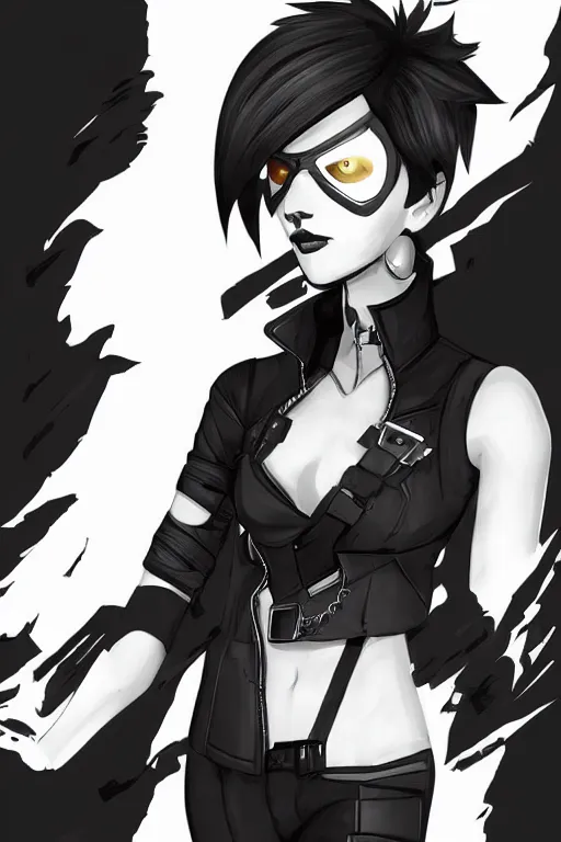 Prompt: “ digital illustration of tracer from overwatch in a dark goth style, wearing black lipstick and a black outfit, 4 k, artstation, detailed face, neutral expression ”