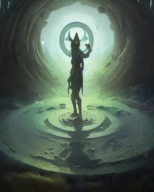 Prompt: a druid standing in a circle at the beginning of the world by peter mohrbacher