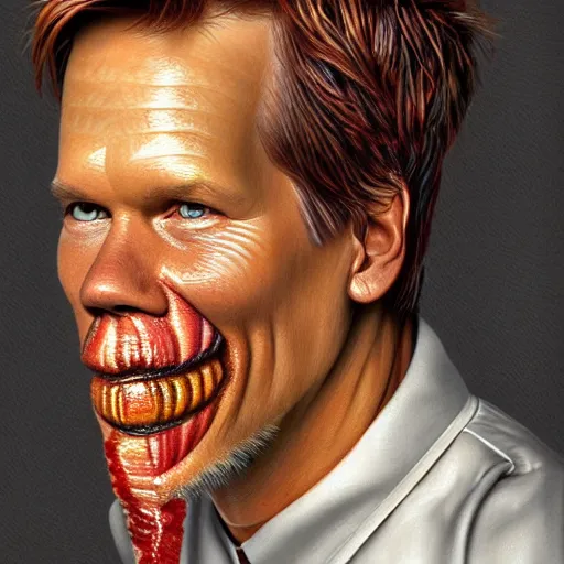 Image similar to ultra detailed kevin bacon shaped exactly like a bacon rendered by octane digital painting inspired by arcimboldo