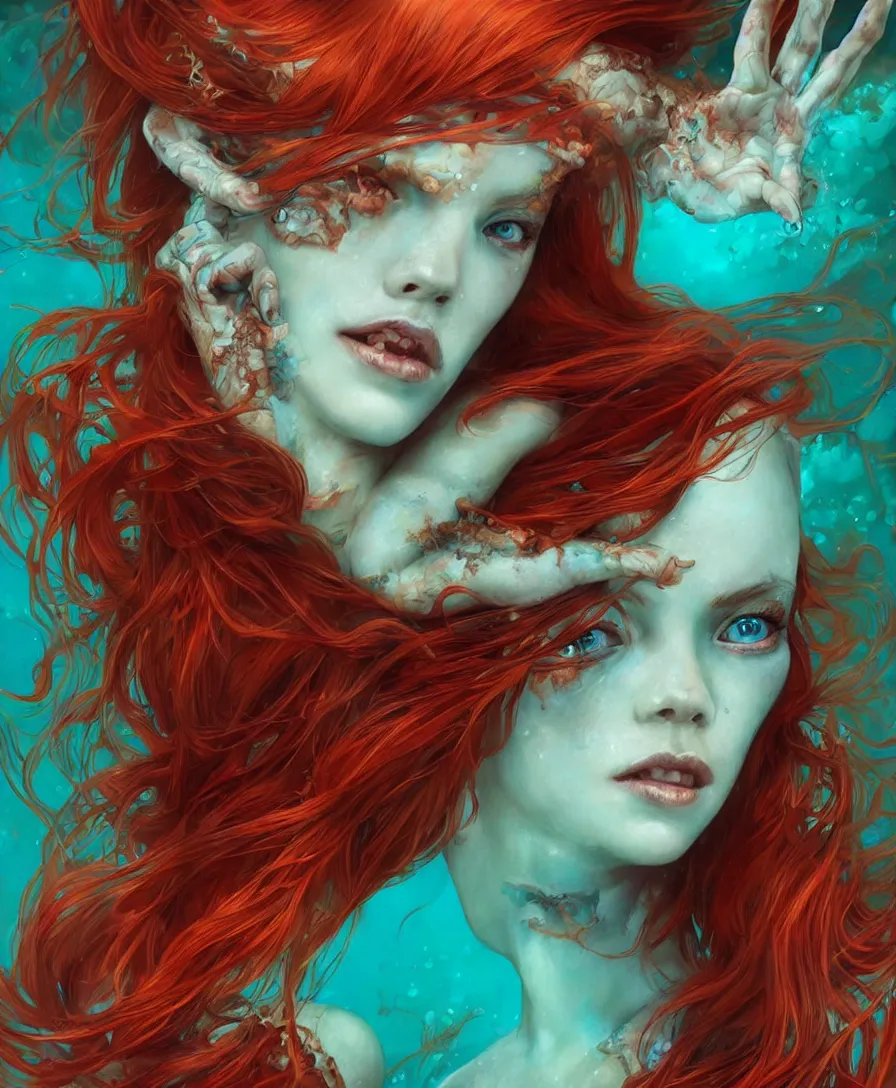 Prompt: Hyperrealistic close-up portrait of zombie mermaid young woman with red hair, alone in turquoise underwater, D&D, fantasy, intricate, elegant, highly detailed, digital painting, trending artstation, concept art, smooth, sharp focus, illustration, art by artgerm and greg rutkowski and alphonse mucha