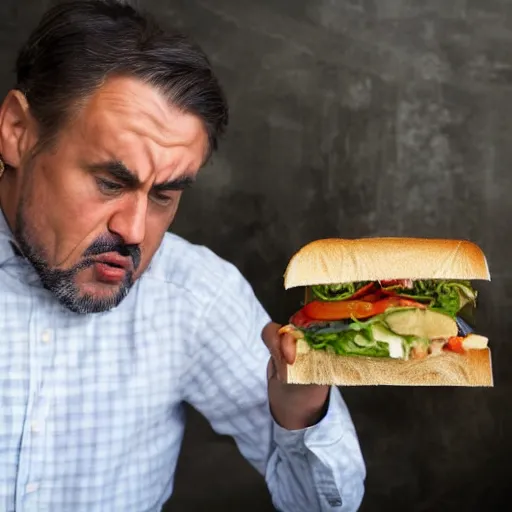 Image similar to A man looking in disgust at his lunch