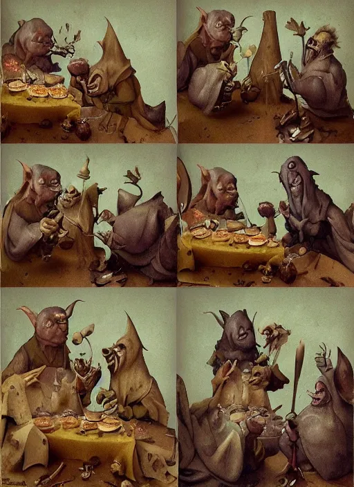 Image similar to medieval goblin eating cakes painted by hieronymus bosch, detailed digital art, trending on Artstation