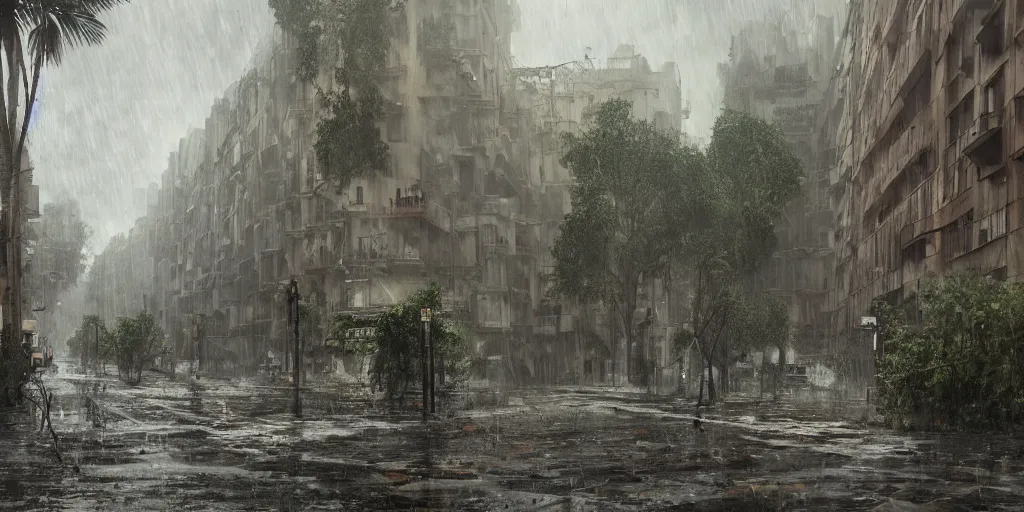 Image similar to the streets of post apocalyptic barcelona covered in really dense wild vegetation, raining, trending on artstation, photorealistic, ultra detailed, high definition, moody, depth of field