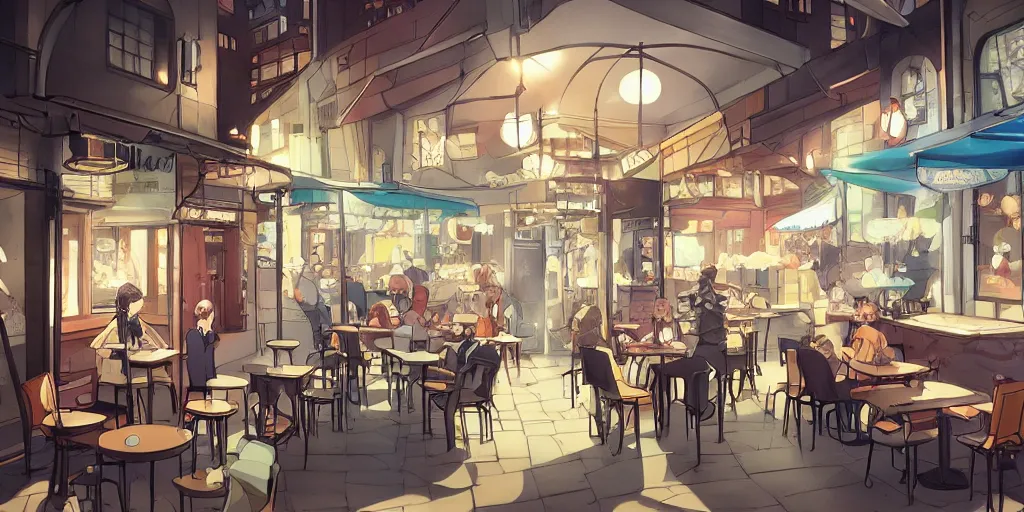 un hermoso café urbano, estilo anime, acogedor y tranquilo