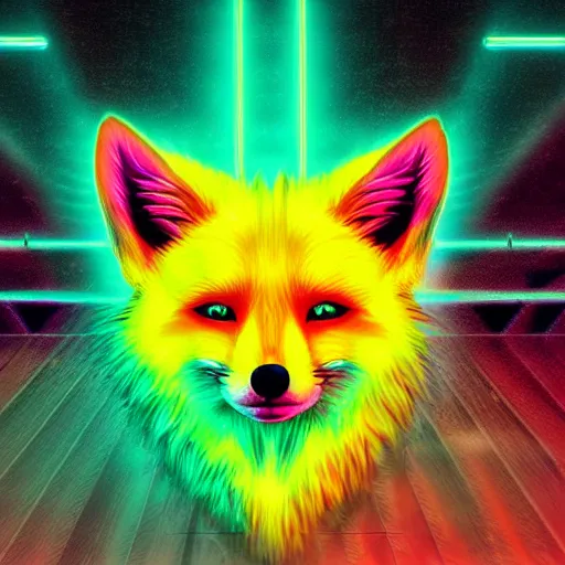 Prompt: digital neon yellow fox, retrowave palette, digital world, highly detailed, electric breeze, anatomically correct vulpine, synth feel, fluffy face, ear floof, flowing fur, super realism, accurate animal imagery, 4 k digital art