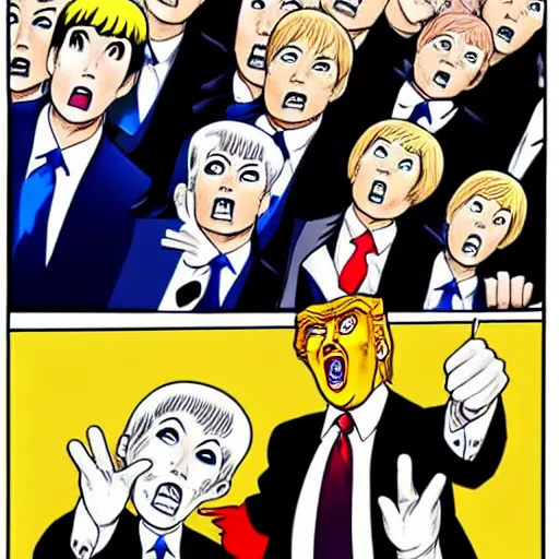 Prompt: donald trump pointing to someone, hyper detailed, in the style of junji ito and and junji ito and junji ito, selfie