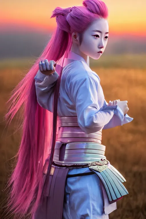 Prompt: highly detailed beautiful photo of a young female samurai, practising sword stances, symmetrical face, beautiful eyes, pink hair, realistic anime art style, 8 k, award winning photo, pastels colours, action photography, 1 / 1 2 5 shutter speed, sunrise lighting