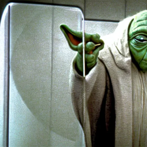 Image similar to master yoda using the urinal in the bathroom of the death star, movie scene from star wars 1 9 9 9