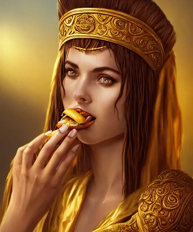 Prompt: cleopatra wearing ornate robes eating a hamburger by charlie bowater and titian and artgerm, full - body portrait, intricate, face, desert, elegant, yellow mist, beautiful, highly detailed, dramatic lighting, sharp focus, trending on artstation, artstationhd, artstationhq, unreal engine, 4 k, 8 k