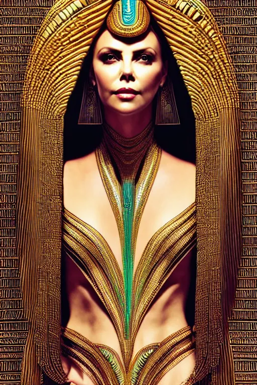 Prompt: Portrait of Charlize Theron as Cleopatra, intricate art deco leaf designs, elegant, highly detailed egyptian patterns, hieroglyph, sharp focus, art by Artgerm and beeple