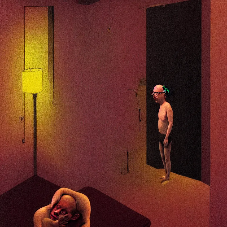 Image similar to sad and lonely psychedelic todd solondz crying alone in an empty appartment, diffuse lighting, fantasy, intricate, elegant, highly detailed, lifelike, photorealistic, digital painting, artstation, illustration, concept art, smooth, sharp focus, art by francis bacon