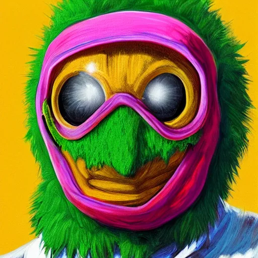 Image similar to a tennis ball monster wearing a balaclava, ski mask, angel wings, digital art, fantasy, magic, trending on artstation, ultra detailed, professional illustration by Basil Gogos