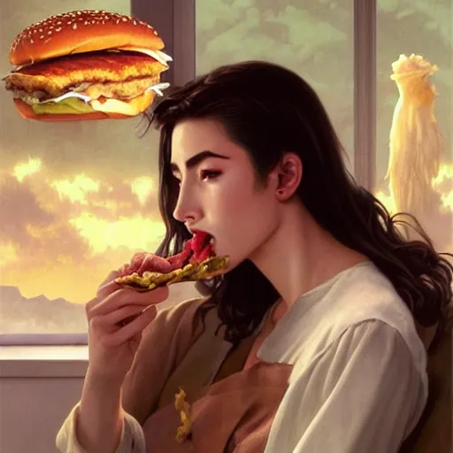 Image similar to portrait of Gregory Peck eating hamburgers, extra onions and ketchup, luscious patty with sesame seeds, feminine ethereal, handsome, D&D, fantasy, intricate, elegant, highly detailed, digital painting, artstation, concept art, matte, sharp focus, illustration, art by Artgerm and Greg Rutkowski and Alphonse Mucha