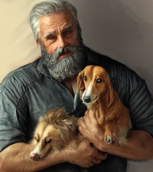 Prompt: full portrait of a old, ruggedly handsome bearded man holding corgi dog, real hands, soft hair, muscular, half body, cloth, d & d, fantasy, intricate, elegant, highly detailed, digital painting, artstation, concept art, smooth, sharp focus, illustration, art by artgerm and greg rutkowski and alphonse mucha