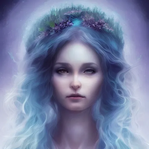 Image similar to nature goddess rising out of the water by charlie bowater, beautiful, bioluminescent, ethereal, mist