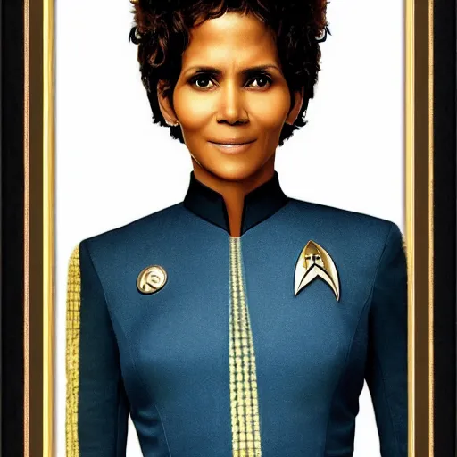 Image similar to a beautiful full body photograph of halle berry as a star fleet admiral from star trek next generation, full dress uniform, symmetrical face, extreme realism and detail, 8 k, completely framed, direct lighting, 3 5 mm photo, photorealistic, sharp focus