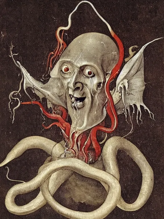 Prompt: painting by hieronymus bosch of a flying sorrowful looking human head with tears running down it's eyes, face that is chalk white in color, with long sprawling white tentacles stemming down it's neck, fiery scorching red eyes, flying in a terrying hellish dark cavernous place