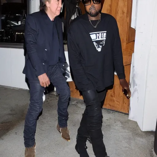 Image similar to Paul McCartney and Kanye West meeting at a restaurant, realistic photo, paparazzi