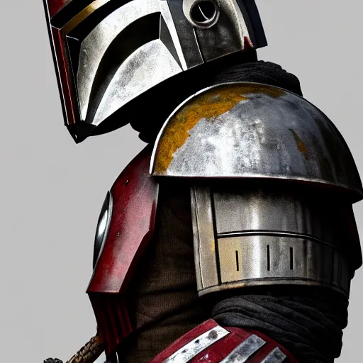 Image similar to the mandalorian in medieval style armor, rusty iron, scale mail, hide, star wars, looking at viewer, very detailed, octane render, portrait photography, 8 k