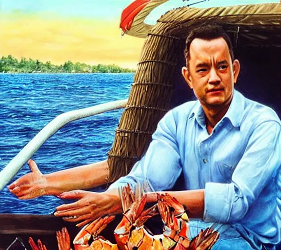 Prompt: Tom hanks as forrest gump sitting in a giant shrimp boat, majestic beautiful world, realism painting, amazing detail