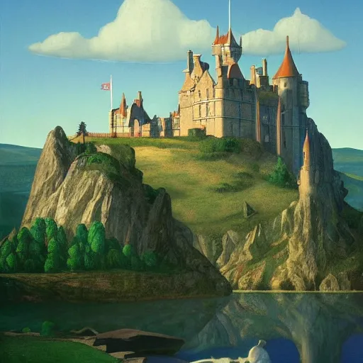 Image similar to a castle guarded by elves by Raphael, Hopper, and Rene Magritte. detailed, romantic, enchanting, trending on artstation.