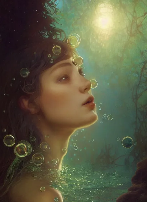 Image similar to hyper realist matte digital painting of a young beautiful woman, beautiful face, jugendstill, floating in water, bubbles rising, seaweed, headspace, fairytale, fantasy art, photo realistic, dynamic lighting, artstation, volumetric lighting, by mucha, by charlie bowater, by karol bak, by alma tadema