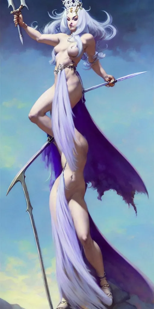 Image similar to frank frazetta painting of queen of hokra, silver white hair, violet long gown, full body, sorceress sword, soft lighting, trending on artstation, by huang guangjian and gil elvgren and sachin teng