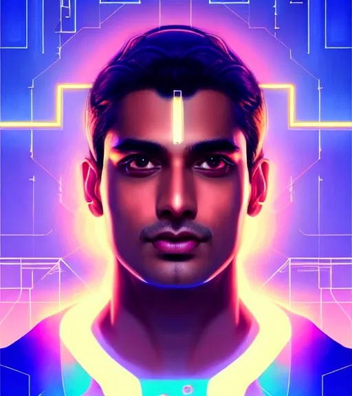 Image similar to symmetry!! indian prince of technology, solid cube of light, hard edges, product render retro - futuristic poster scifi, lasers and neon circuits, brown skin handsome indian prince, intricate, elegant, highly detailed, digital painting, artstation, concept art, smooth, sharp focus, illustration, dreamlike, art by artgerm