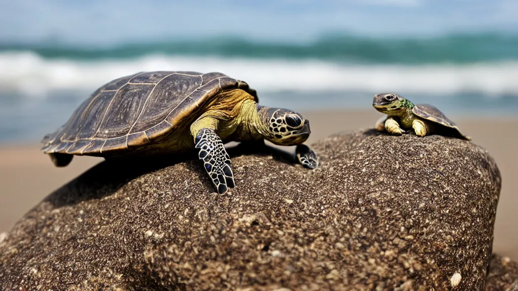 Image similar to a turtle on a rock looking at the sea, macro 8mm photo, the camera is behind the turtle