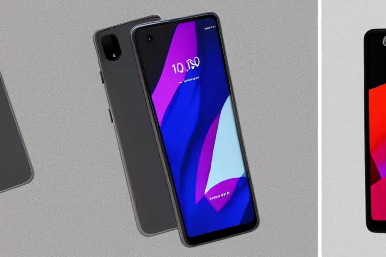 Image similar to a front and back render of the pixel 4XL but it has a full front screen with no bezels and 5 cameras on the back