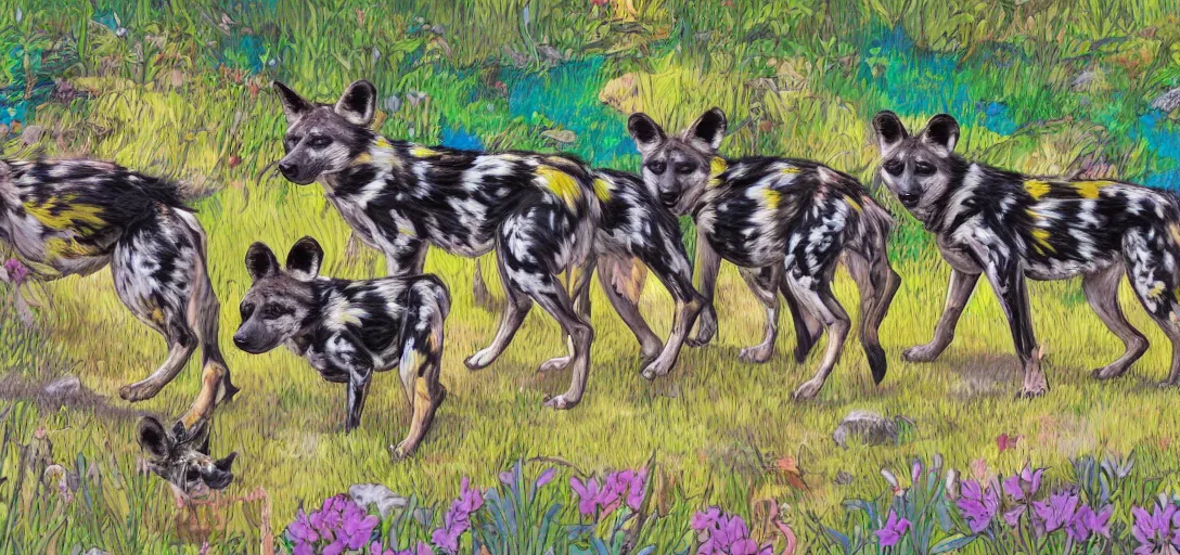 Image similar to pack of african wild dogs near a watering hole, painted by studio ghibli with psychedelic colors