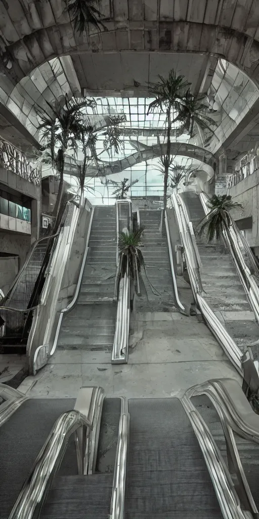 Prompt: an escalator inside an abandoned mall, with potted palm trees, decaying dappled sunlight, Caspar David Friedrich painting