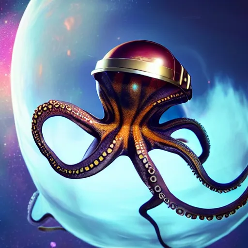 Image similar to a stunning rendition of an octopus wearing a space helmet, LED visor, hyperrealistic, octane render, pearlescent skin, floating in space