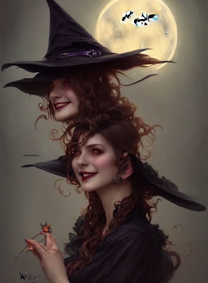 Image similar to halloween witch woman in a hat smiles, fantasy magic, undercut hairstyle, dark light night, intricate, elegant, sharp focus, illustration, highly detailed, digital painting, concept art, matte, art by wlop and artgerm and greg rutkowski and alphonse mucha, masterpiece