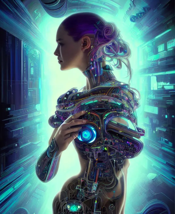 Image similar to a whirlwind of souls rushing inside the metaverse, hologram, half body, neurochip, shaved temple, piercing, jewelry, android, cyborg, cyberpunk face, by loish, d & d, fantasy, intricate, elegant, highly detailed, colorful, digital painting, artstation, concept art, art by artgerm and greg rutkowski and alphonse mucha