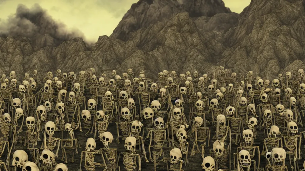 Prompt: army of skeletons In front of a mountain, cinematic,