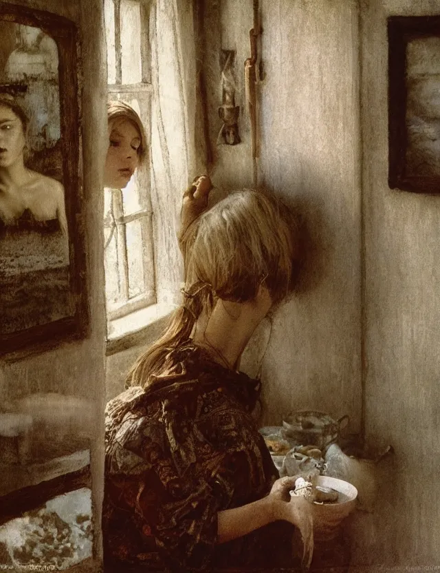 Image similar to peasant girl in a morning in country house, cottage core, cinematic focus, polaroid photo bleached vintage pastel colors high - key lighting, soft lights, foggy, by steve hanks, by lisa yuskavage, by serov valentin, by tarkovsky, detailed, oil on canvas