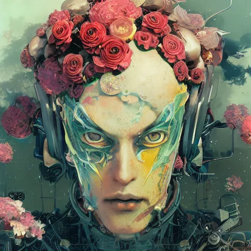 Image similar to surreal gouache painting, by yoshitaka amano, by ruan jia, by conrad roset, by Kilian Eng, by good smile company, detailed anime 3d render of a mechanical android head with flowers growing out, portrait, cgsociety, artstation, modular patterned mechanical costume and headpiece, retrowave atmosphere