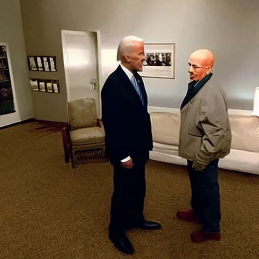 Image similar to “Very very photorealistic screenshot of Joe Biden and Walter White meeting in an episode of Breaking Bad, atmospheric lighting, award-winning”