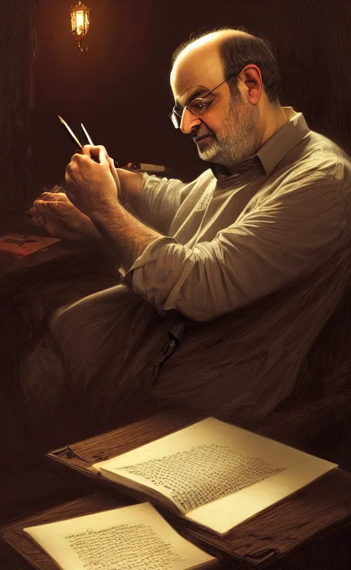 Image similar to portrait of salman rushdie writing in the dark, deep focus, d & d, fantasy, intricate, elegant, highly detailed, digital painting, artstation, concept art, matte, sharp focus, illustration, art by artgerm and greg rutkowski and alphonse mucha