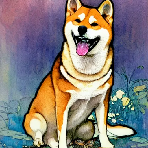 Prompt: portrait of happy laughing shiba inu with a background in the style of mucha. detailed, ornate, watercolor