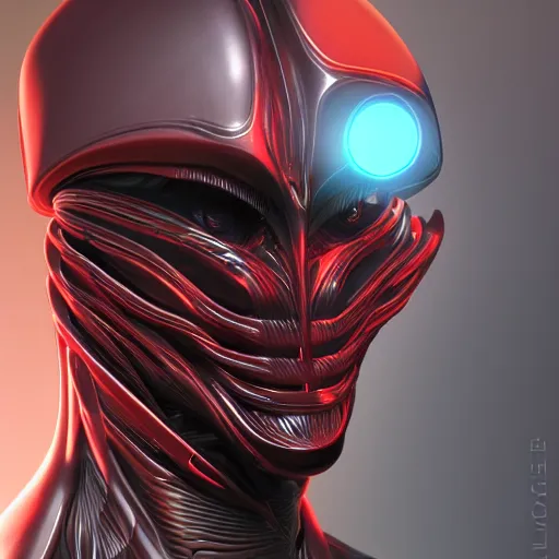 Image similar to sophisticated portrait of glowing, warm, sharp edges, sleek contours, textured, reddish, atmospheric, misty, leds, futuristic cybernetic warrior alien in profile, highly intricate, detailed humanoid, trending on artstation